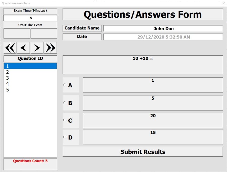 I will sell you the Electronic Exam system by ONLY ONE Excel file with A,B,C, and D Options.