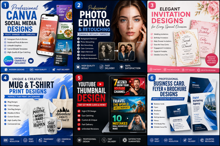 I will design professional Canva graphics, invitations, flyers, business cards, 
