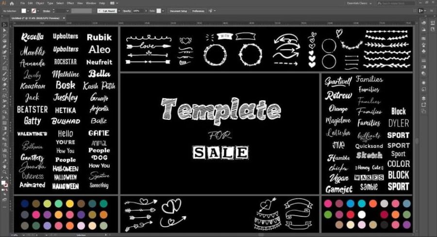 Print On Demand TEMPLATE in illustrator with over 131 free commercial use Fonts