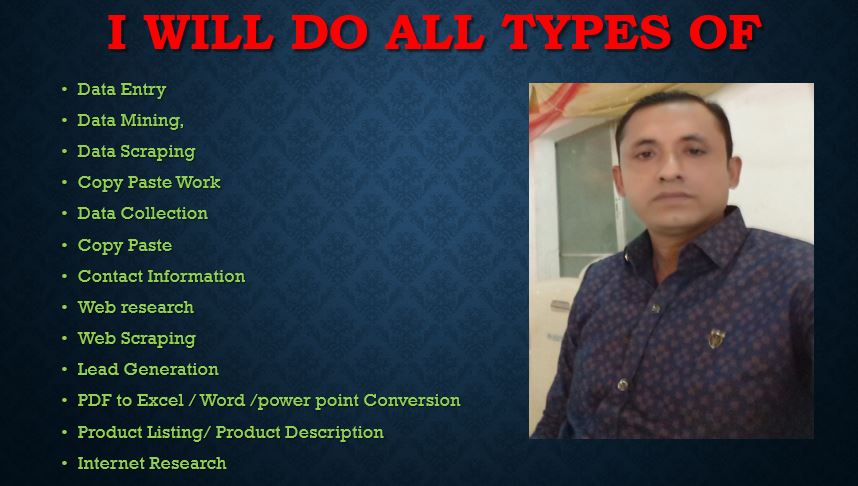 I will do data entry, web research, typing work, copy paste, excel data entry in 24 hrs