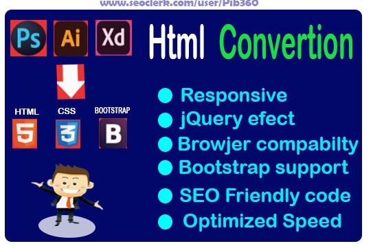 I will design a responsive web page or site by converting JPG, PSD, XD, AI to HTML 
