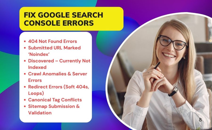 I will fix Google Search Console errors, indexing issues, and solve 404 errors manually