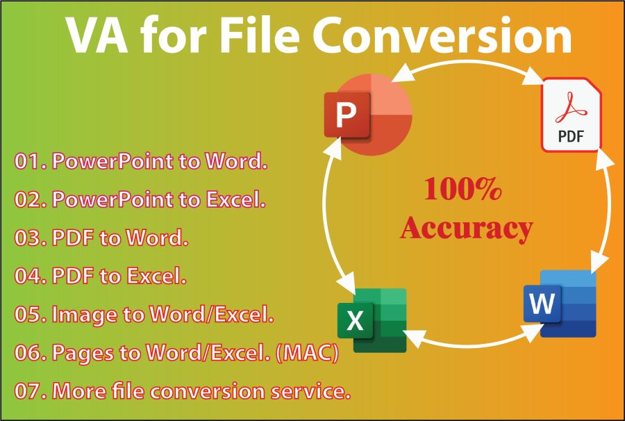 I can make pdf form and file conversion PDF to Word, Excel, PowerPoint, Pages, AI, CVS, PSD