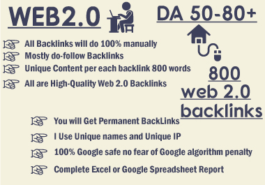 Web2 high da, quality dofollow SEO backlinks 800 plus authority white hat link building