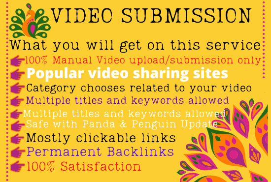 I will provide 80 manual video submission or upload to popular video sharing high authority sites