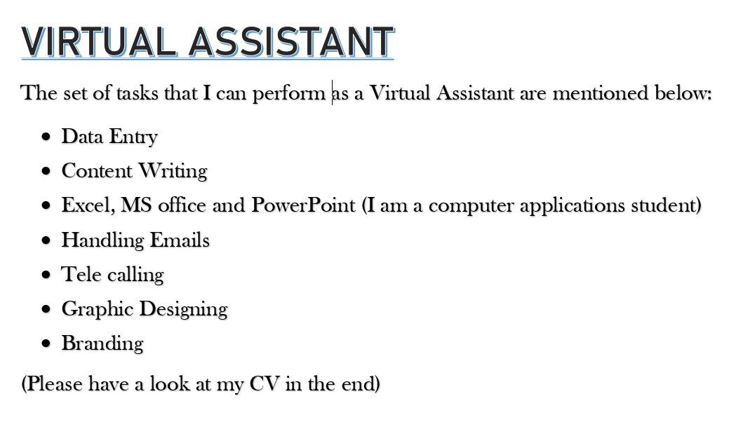 Virtual Assistant (Data entry, Excel, MSworld, MSoffice, Contentwriting, GraphicDesign, Branding)