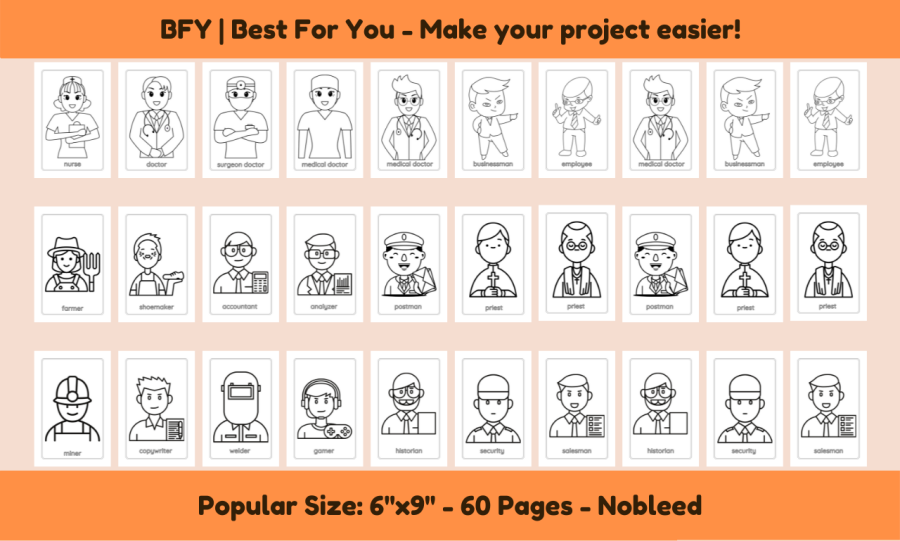 I will provide a coloring book professions 6x9 60 pages, free book cover