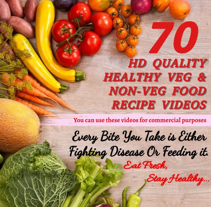I will give 70 HD quality commercial usage allowed healthy veg and non-veg food recipe videos