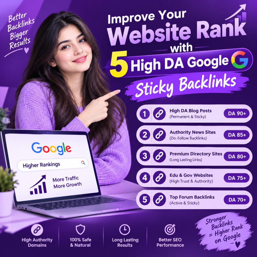 I will improve your website rank with 5 high DA Google sticky backlinks