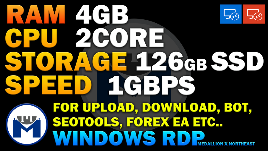 High SPEED 1GBPS VPS windows RDP 4GB ram 2 Core 126Gb SSD for bot, forex EA, game servers, CHR