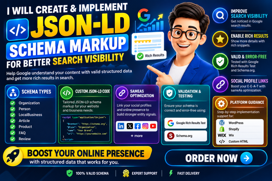 I will create and implement schema markup, structured data, and JSON-LD for your website
