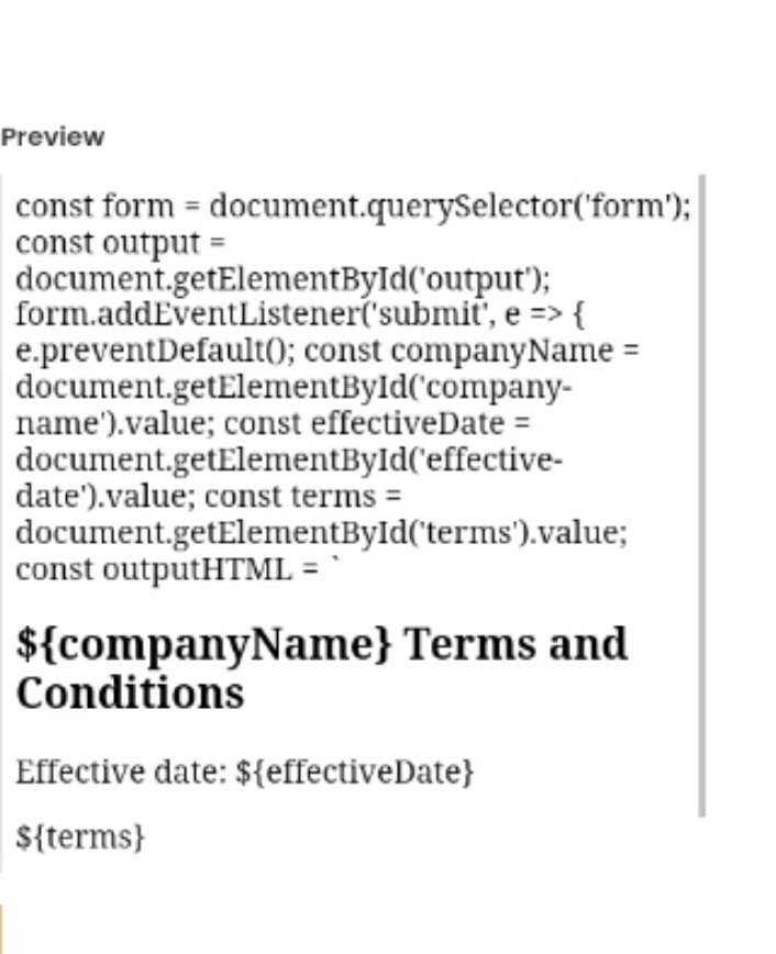 Simple Terms and Condition Generator in HTML, CSS and JAVASCRIPT.