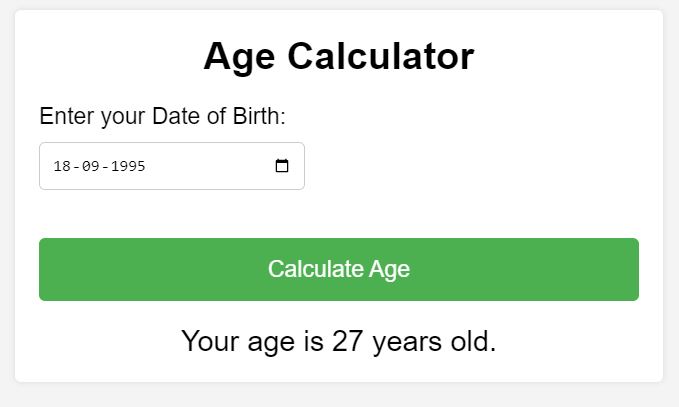 Simple Age Calculator Tool for Web Application in HTML, CSS and JS