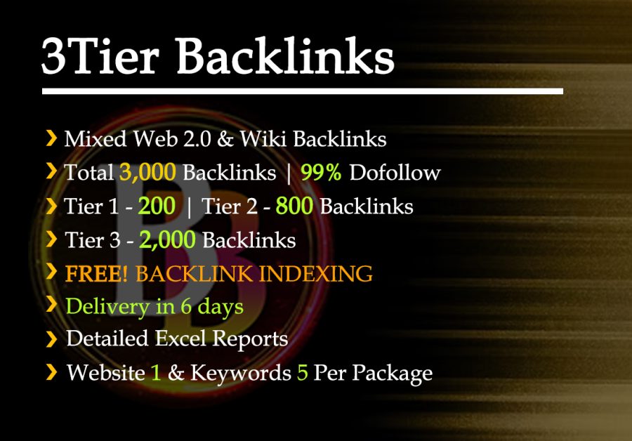 Total 3000 (T1+T2+T3) Backlinks. 99% Do Follow Permanent Links with Premium Backlink Indexing