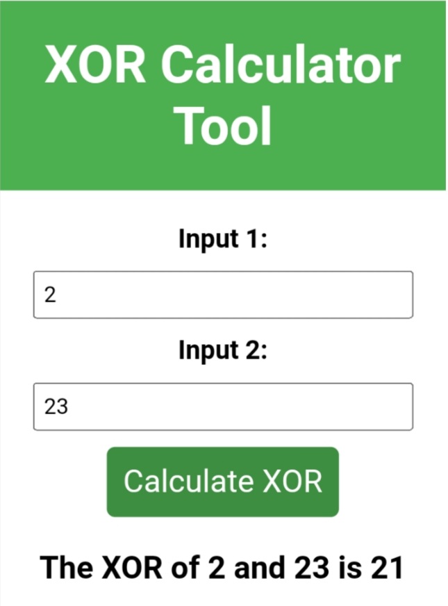 Xor of any two two numbers in Xor calculator.