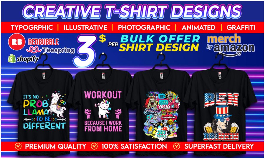 I will do trendy, illustrative and typographic bulk t shirt designs superfast