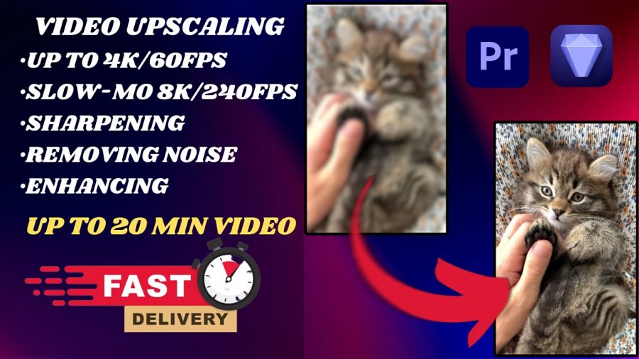 I will upscale your video up to 4k 60fps, increase quality, enhance, sharpen