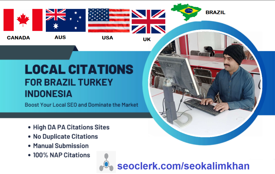 I will build 50 brazil, canda, aus, usa ,uk, indonesia, turkey, and local citations for local SEO 