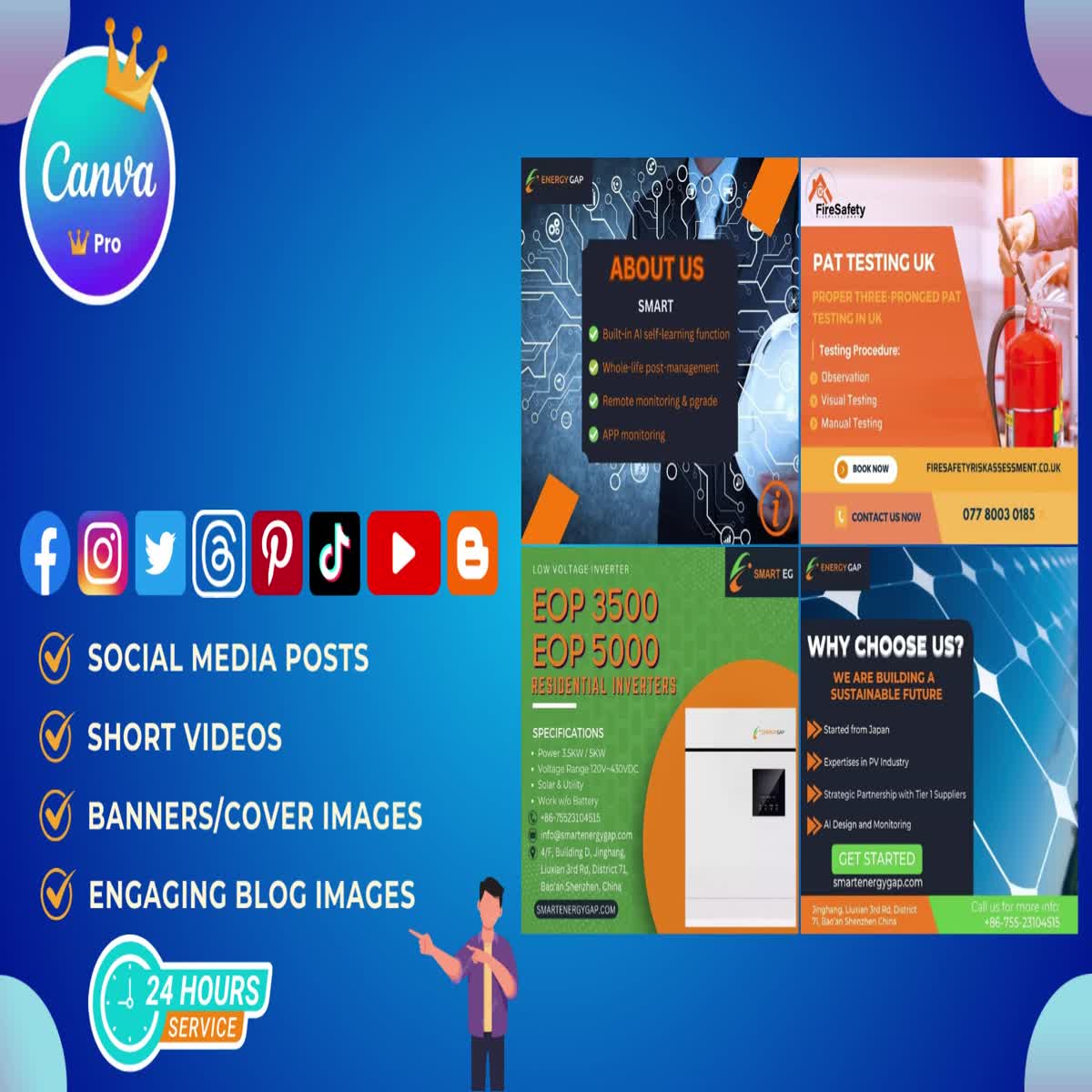 Social media posts,  banners,  videos,  blog images,  anything using canva