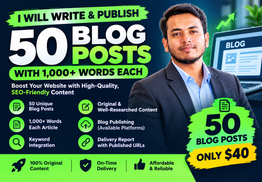 I Will Write and Publish 50 Blog Posts on Your Website With 1000+ Words Each Article