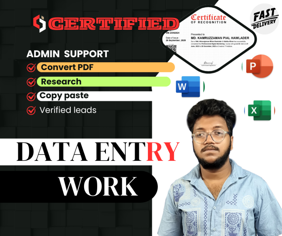I will any type of data entry, PDF to excel, copy paste fast in 12 hours
