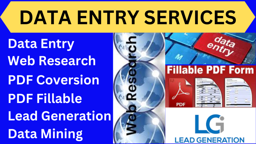 Data Entry service, Web research, PDF Conversion, PDF Fillable, Lead Generation, Data mining