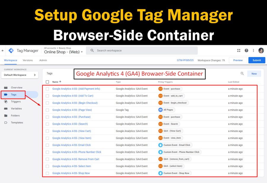 Setup Google Analytics 4 GA4 Ecommerce Events Tracking GA4 Server Side Tracking, Google Tag Manager