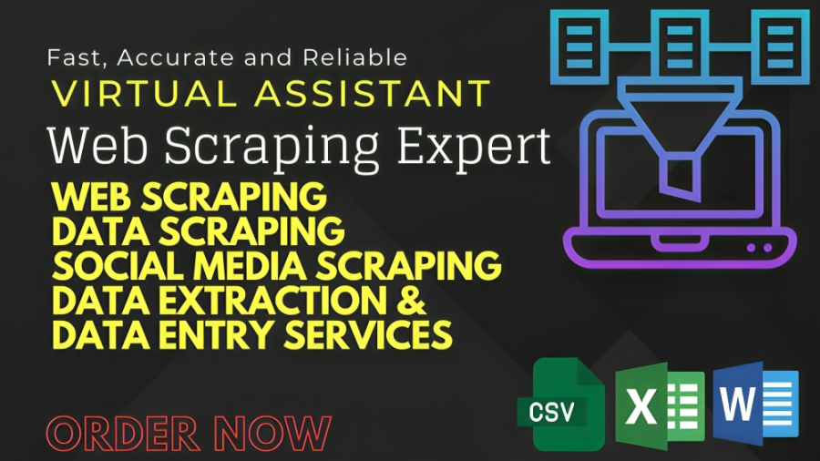 I wil be your Virtual assistant and do your Web scraping, Data Scraping and Social Media Crawling.