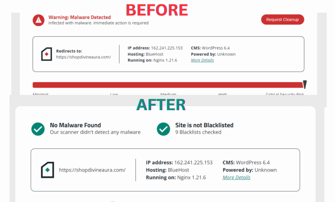 I will do the blacklist remove, fix the browser red warning, and clean the malware