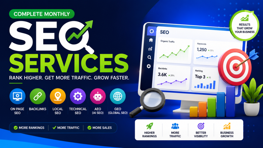 Complete Monthly SEO Services - On Page SEO, Backlinks, Local SEO, Technical SEO, AEO, GEO, GMB