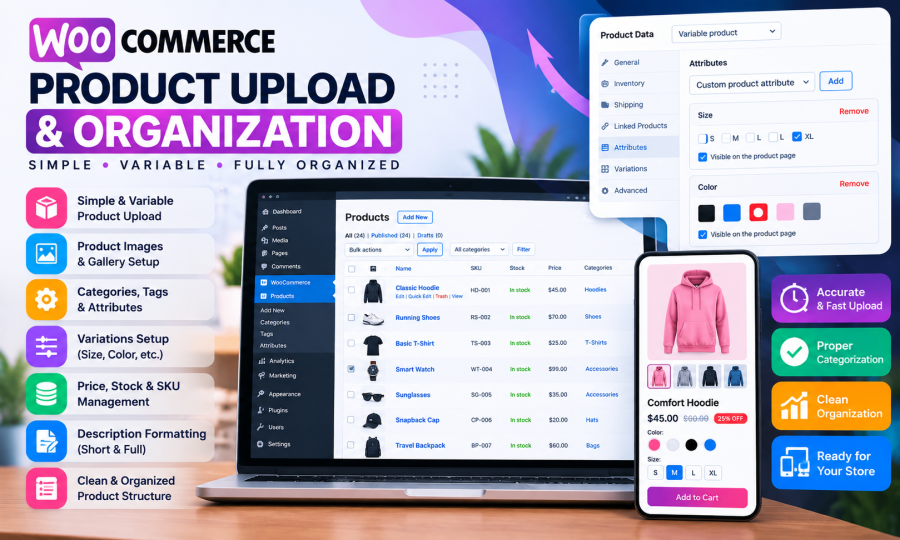 I will upload and organize WooCommerce products with variations