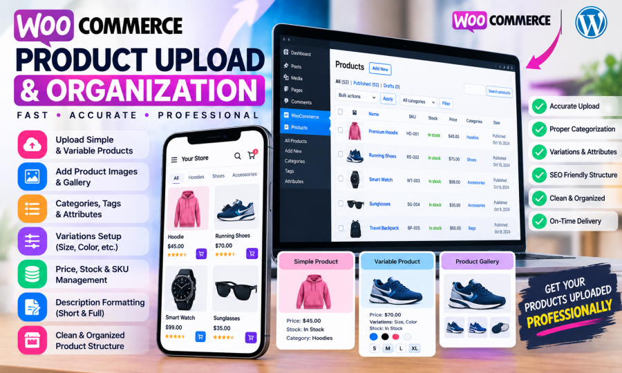 I will upload and organize WooCommerce products with variations