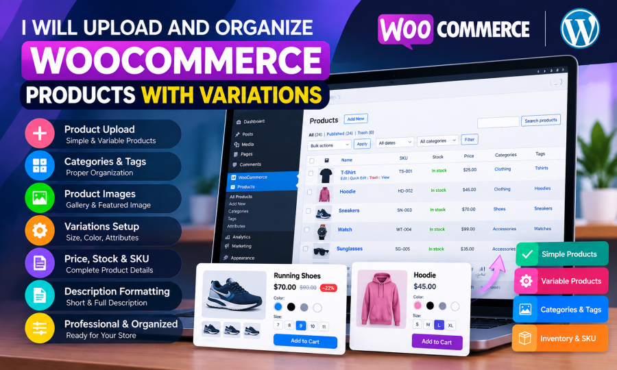 I will upload and organize WooCommerce products with variations