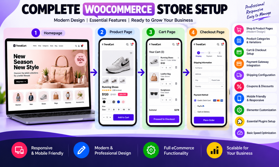 I will build, redesign, or customize WooCommerce stores with Elementor
