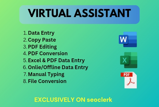 I will be your virtual assistant for data entry, web research, typing and copy paste
