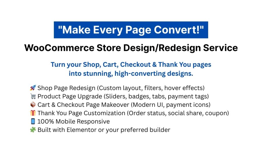 I will design, redesign, fix, customize, and optimize your WooCommerce store