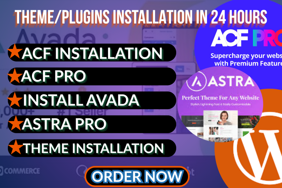 I will install astra pro elementor pro avada acf pro and plugins