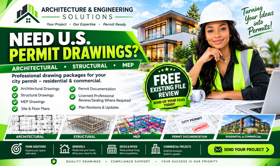 I will do architectural and engineering drawing, site plan, floor plan for city permit with PE Stamp