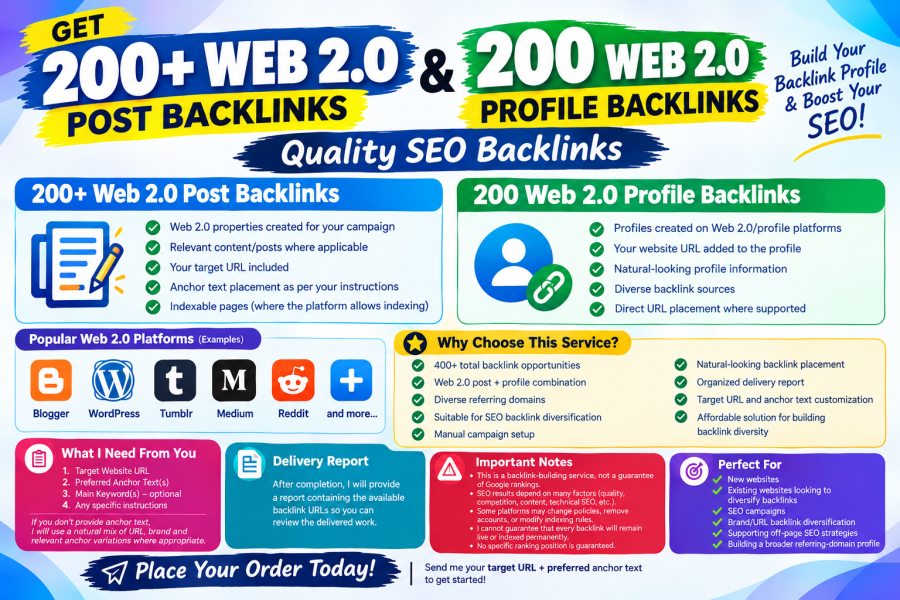Get 200+ Web 2.0 Posts & 200 Web 2.0 Profile Backlinks &ndash; Quality SEO Backlinks
