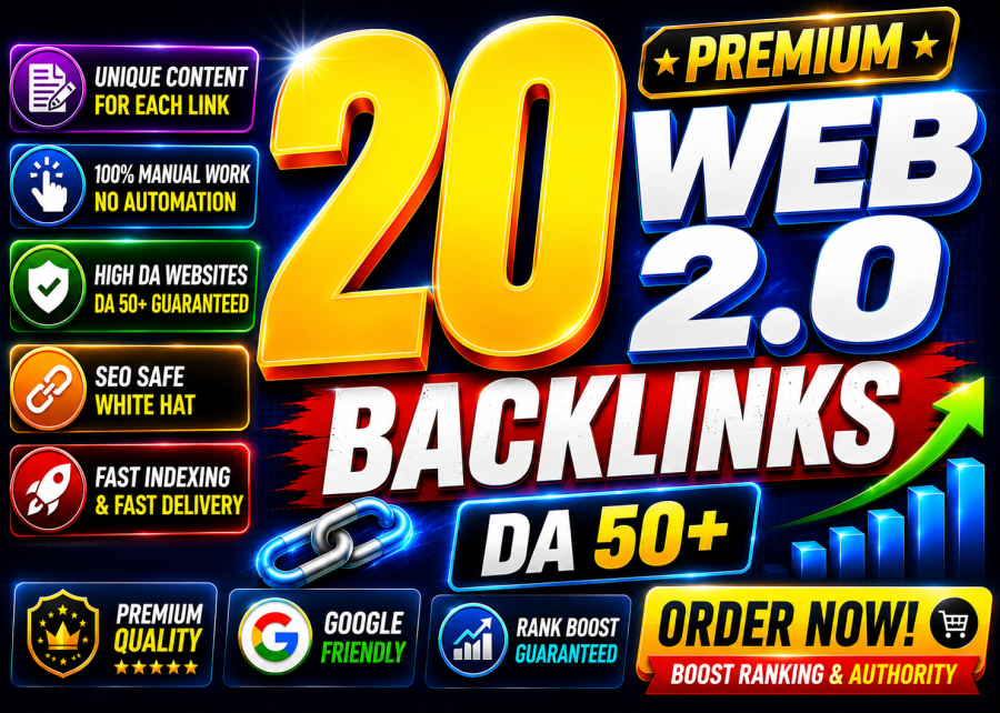 Premium Quality 20 Powerful Web 2.0 Backlinks on High Authority DA 50 to upto 90 to 100 Platforms