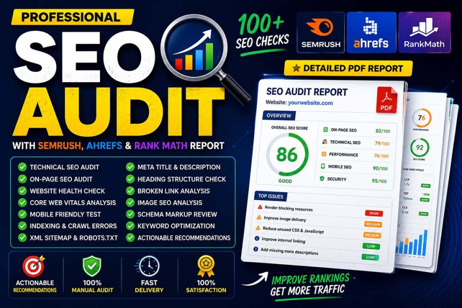 I will do professional SEO audit with Semrush, Ahrefs and Rank Math report