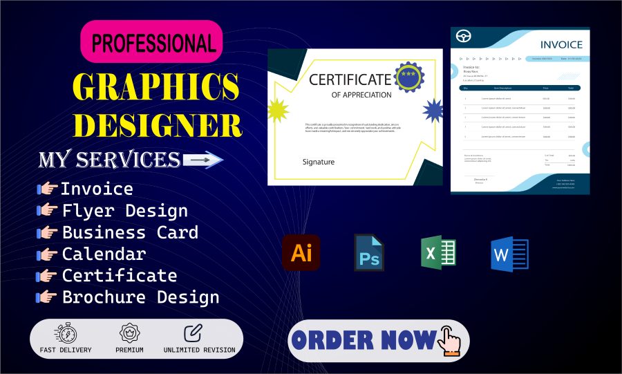 Professional Graphic Designer for Invoice, Flyer, Business Card, Certificate & Brochure Design