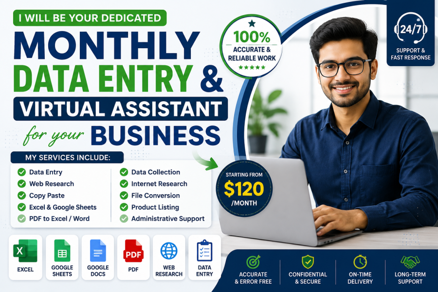 I will be your monthly data entry and virtual assistant
