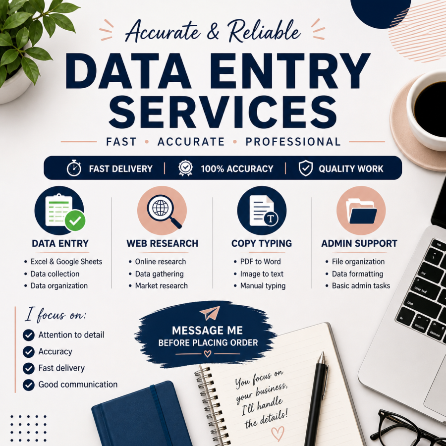 I will do accurate data entry, web research and copy typing