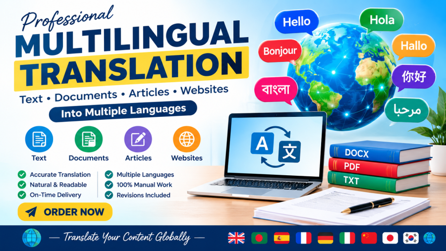 I will professionally translate English and other languages for documents and articles