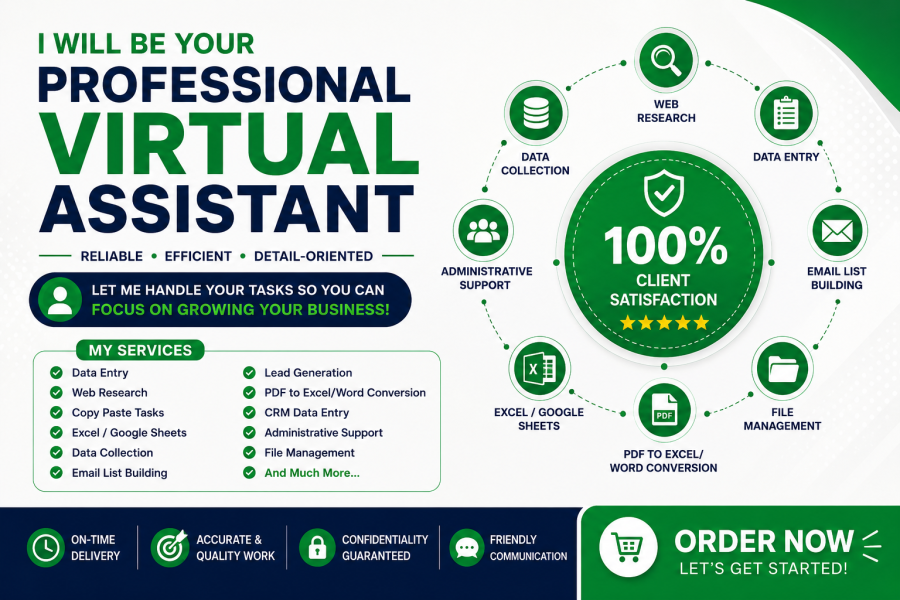 I Will Be Your Professional Virtual Assistant for Data Entry, Web Research & Admin Support.