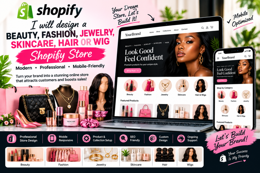 I will design a beauty, fashion, jewelry, skincare, hair or wig Shopify store