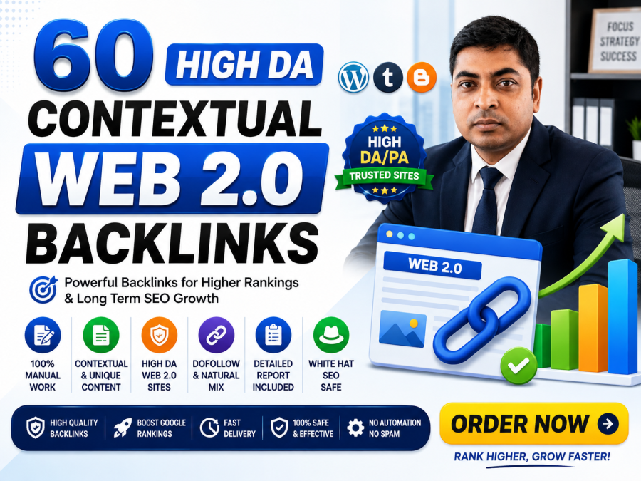 I will create manual 60 high DA contextual Web 2.0 backlinks for SEO