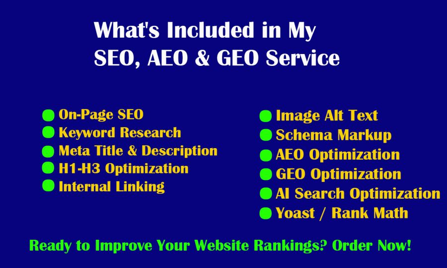 I will do on page SEO, AEO, GEO optimization and keyword research for higher rankings