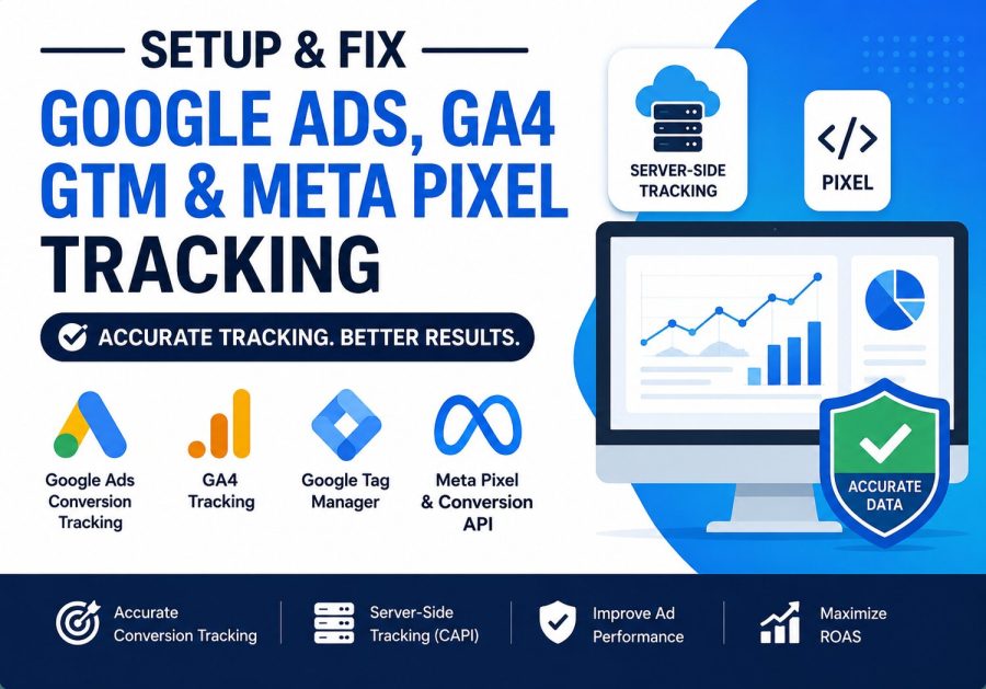 I will setup Google Ads, GA4, GTM and Meta Pixel